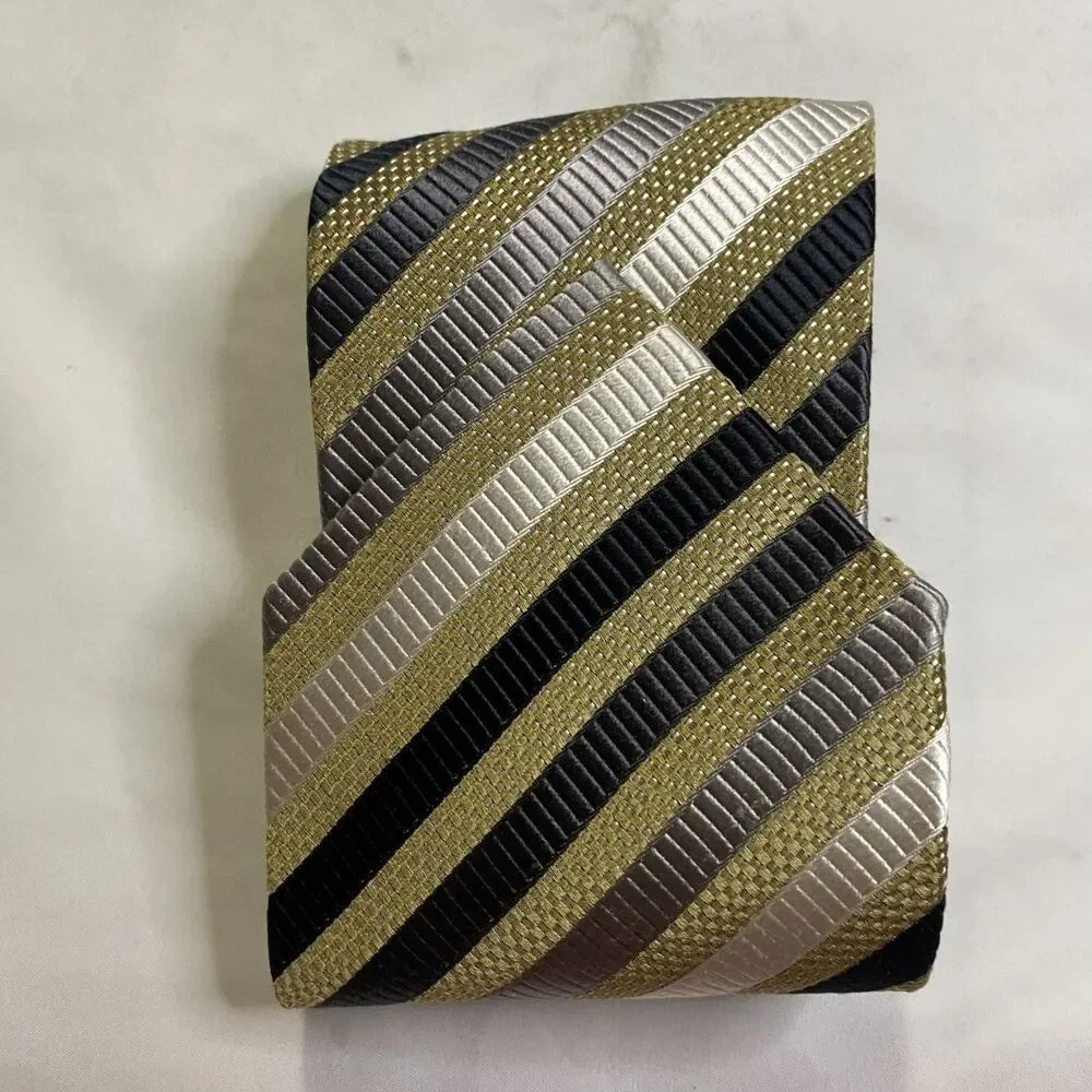#7362 Valerio Garatu gold black cream striped silk necktie tie  4X60 IN